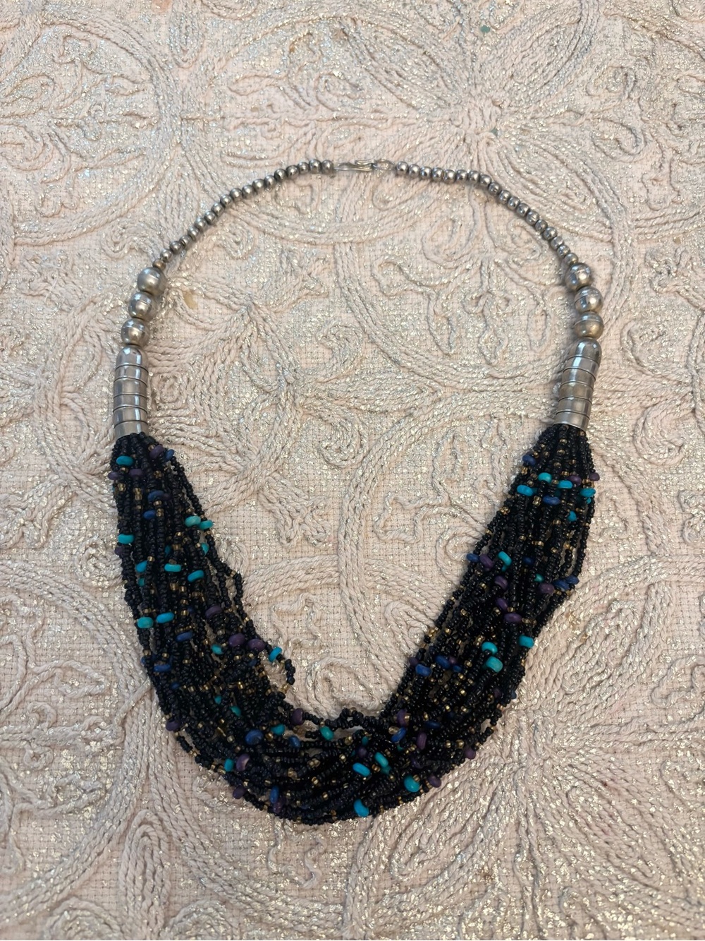 VINTAGE 24" necklace - 18 strands of seed bead - black, purple, blue, green